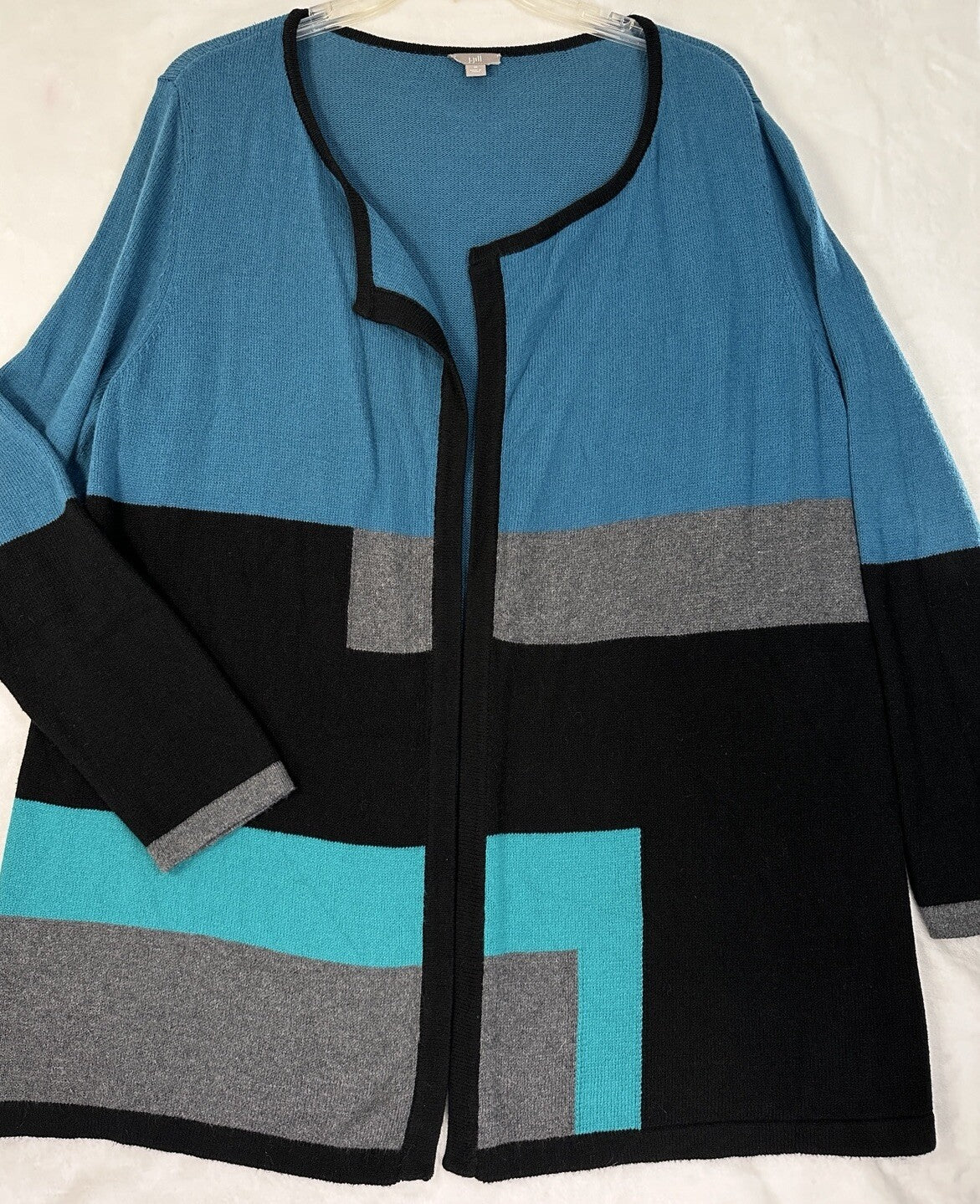 J Jill Medium Open Front Cardigan Sweater Blue Black Gray Colorblock Womens