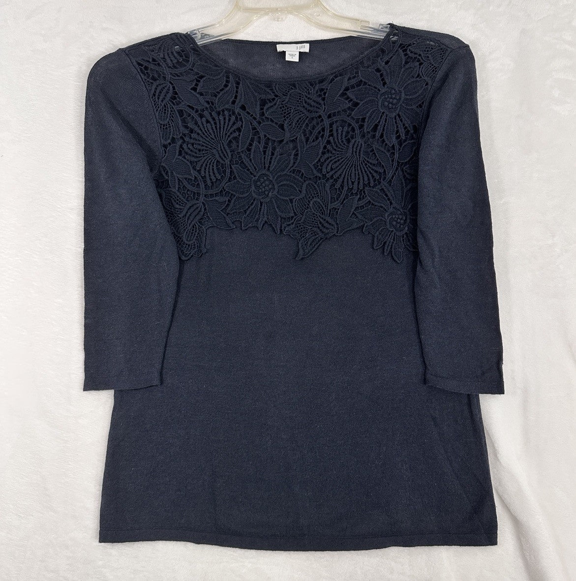 J Jill Sweater Small Blue Sweater Lightweight 3/4 Sleeve Floral Cotton Womens