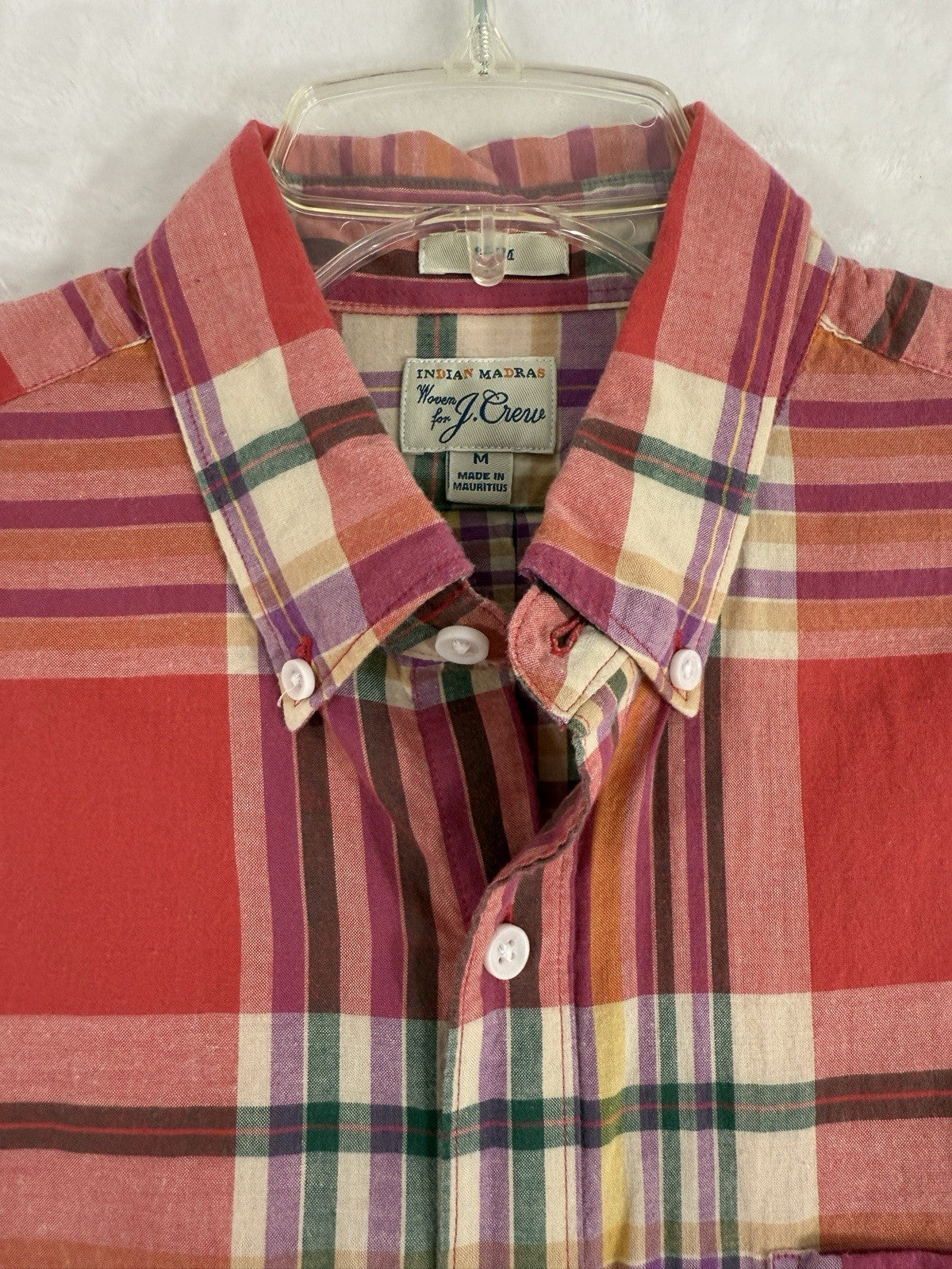 J Crew Indian Madras Shirt Medium Men’s Red Plaid Cotton Long Sleeve Button Up