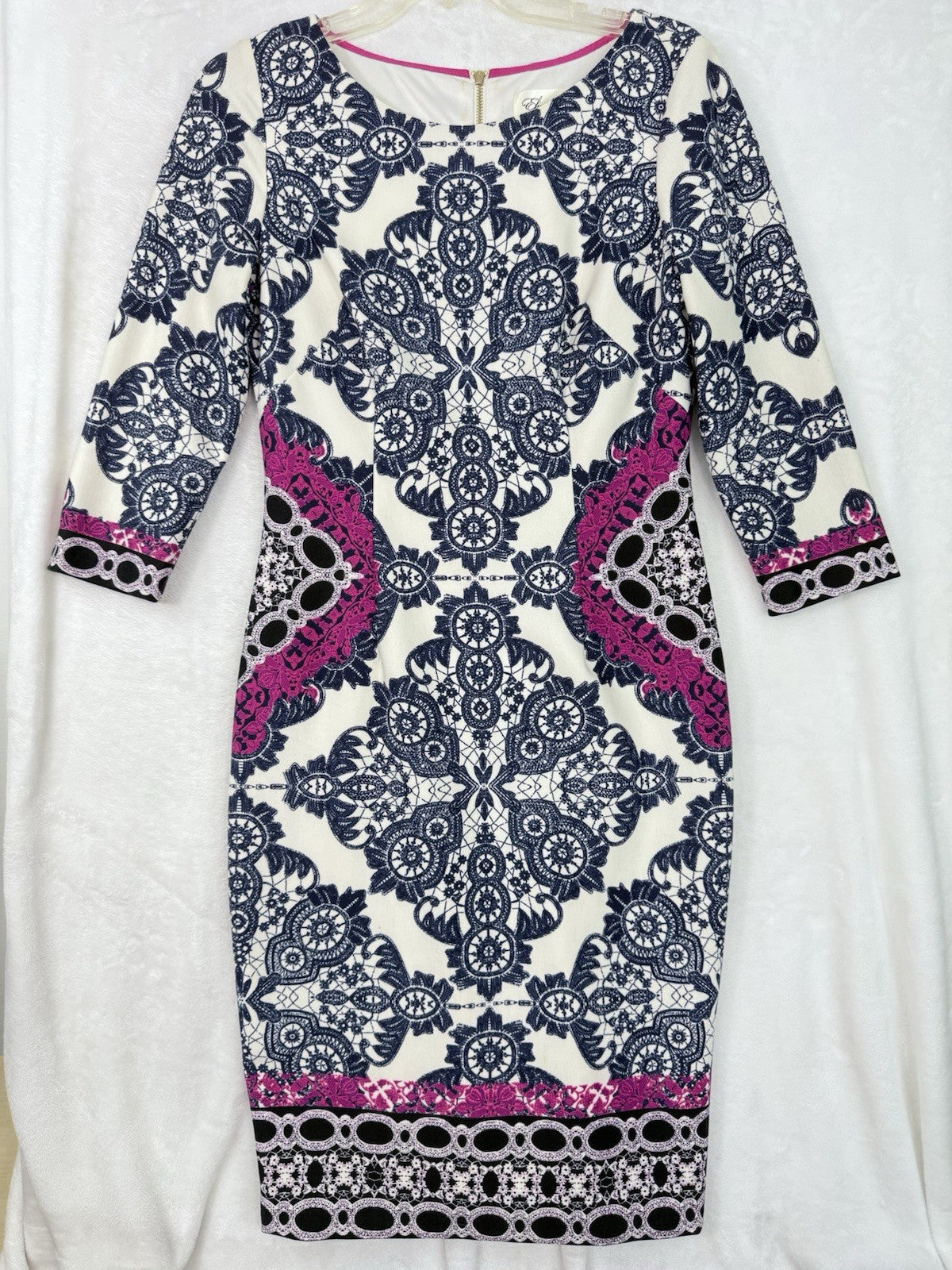 Eliza J Dress 6 Floral Sheath Blue Pink Stretch 3/4 Sleeve Pencil Stretch