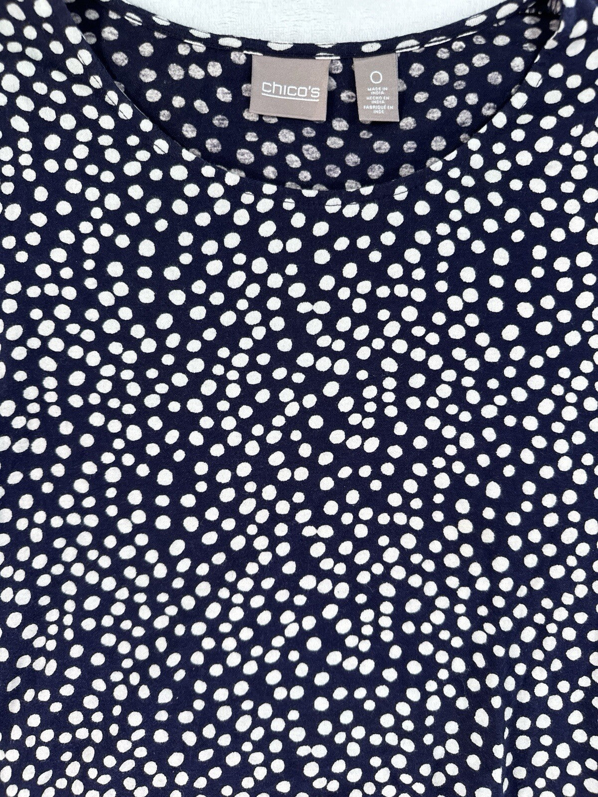 Chicos Size 0 Top Long Sleeve Blue White Polka Dots Womens Knit Modal Cotton