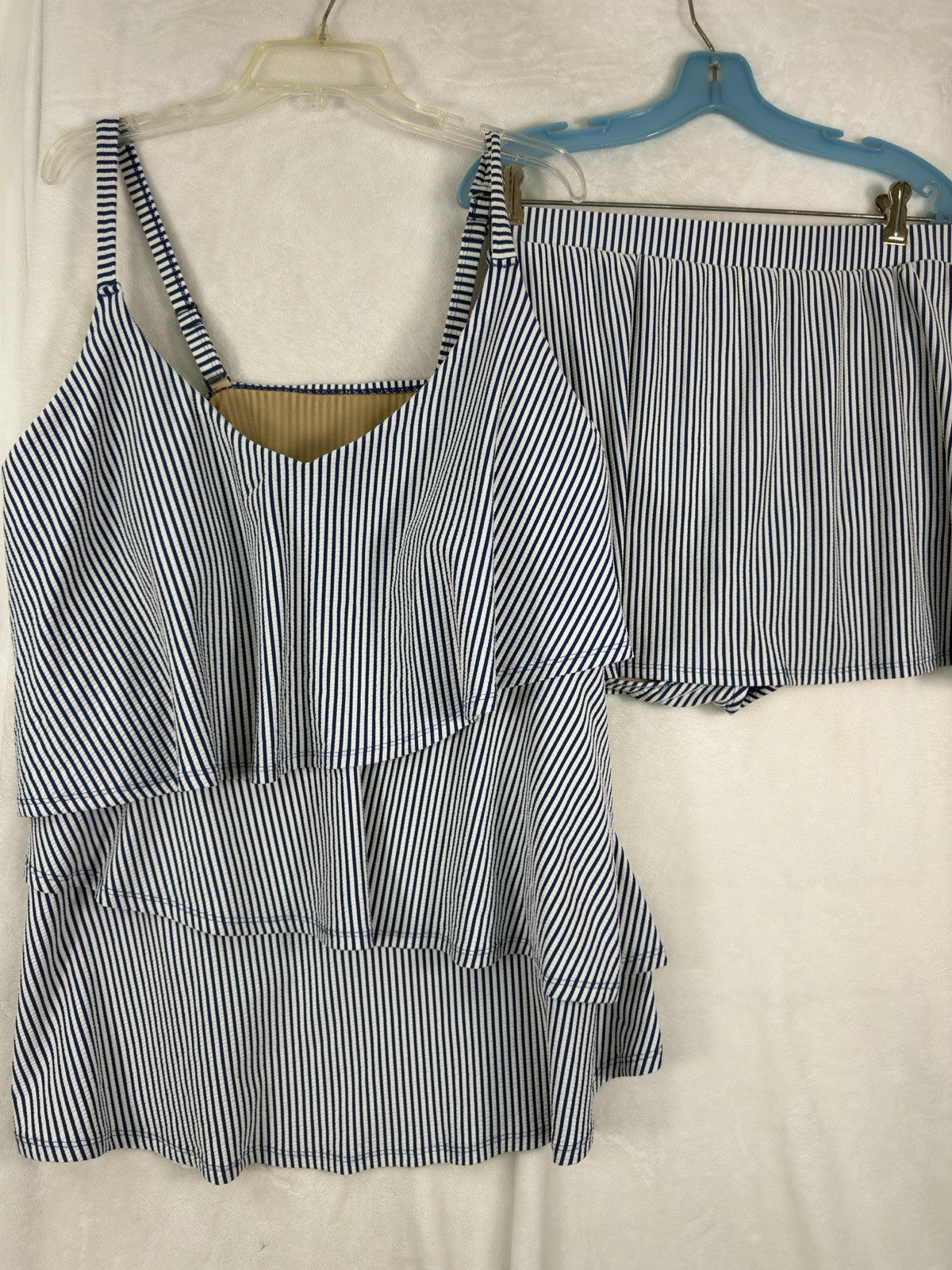 Cacique Swim 28 Tankini Seersucker Blue Striped Top Bottom Swimwear Set Women