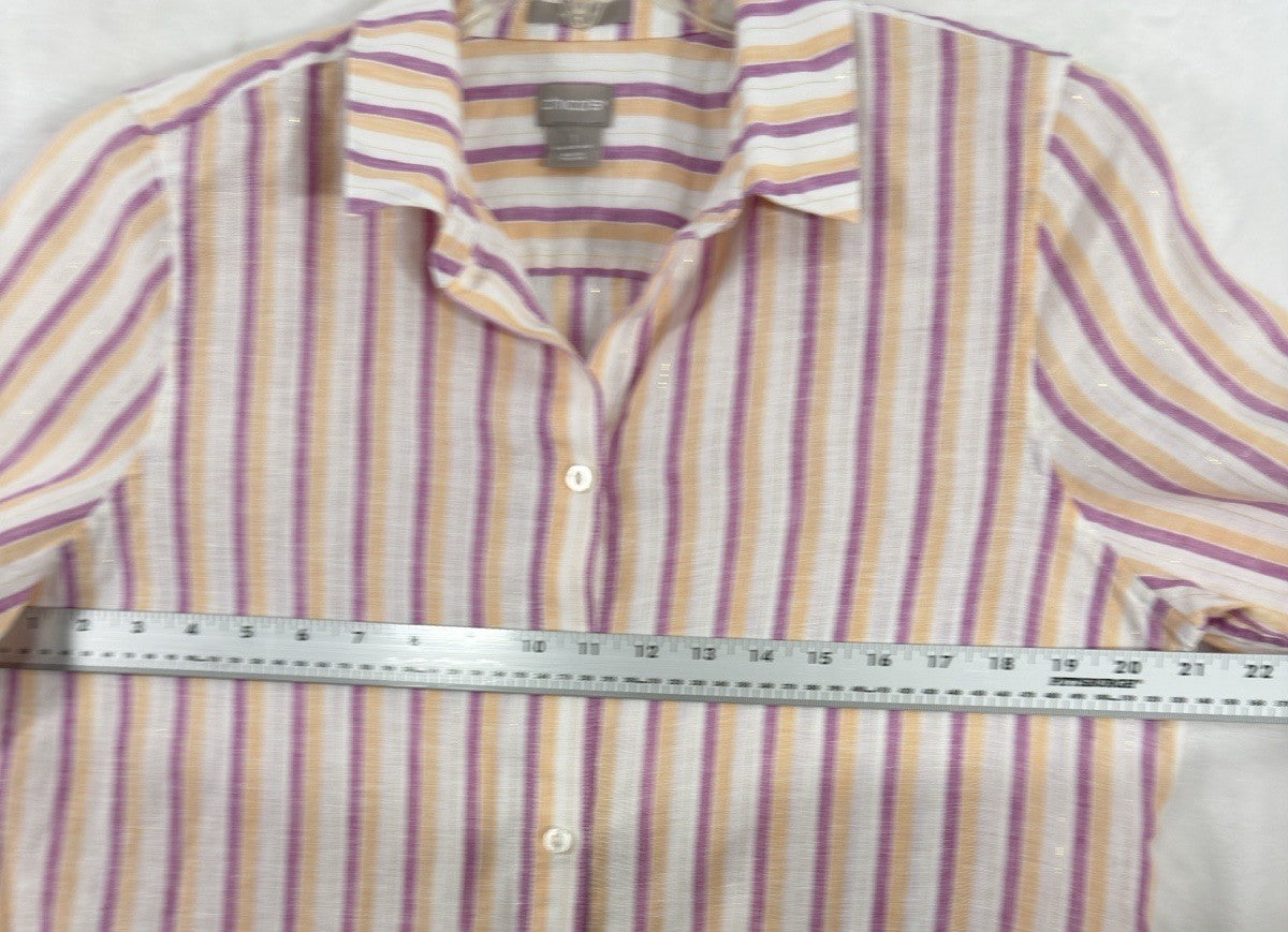 Chicos Size 1 Medium Linen Button Up Pink Striped Metallic Roll Tab Sleeve Women