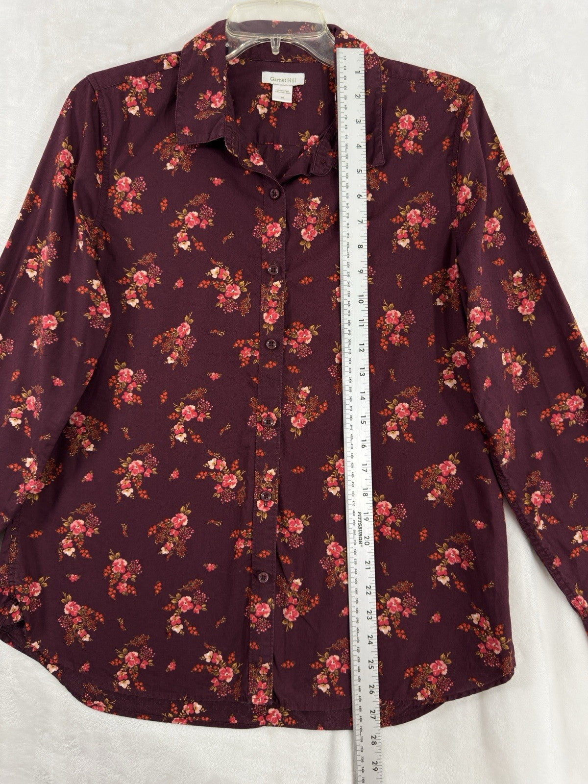 Garnet Hill Tops 10 Button Up Shirt Pom Cotton Burgundy Floral Long Sleeve Women