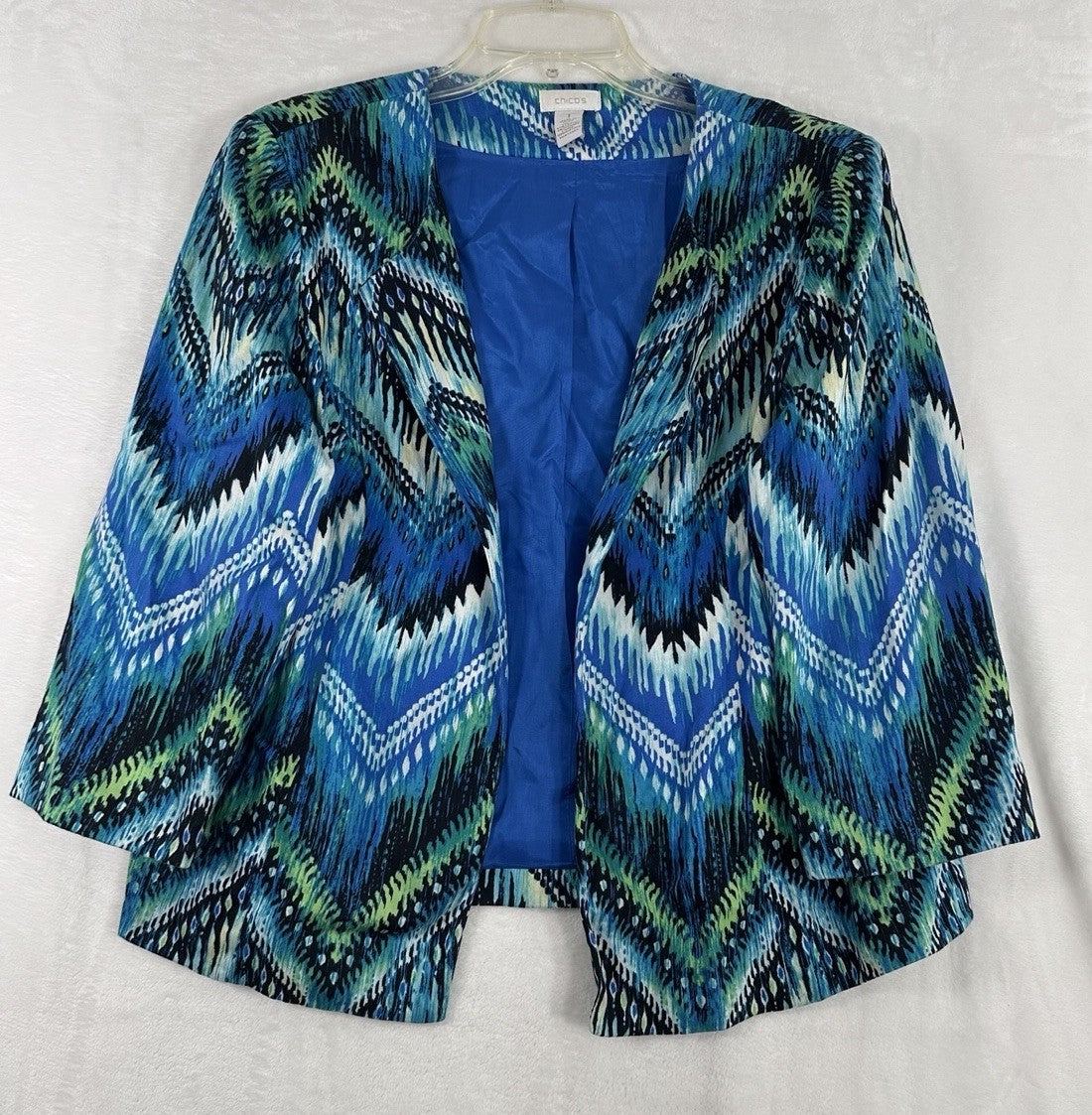 Chicos Size 1 Jacket Medium Blue Green 3/4 Sleeve Chevron Blazer Cotton Stretch