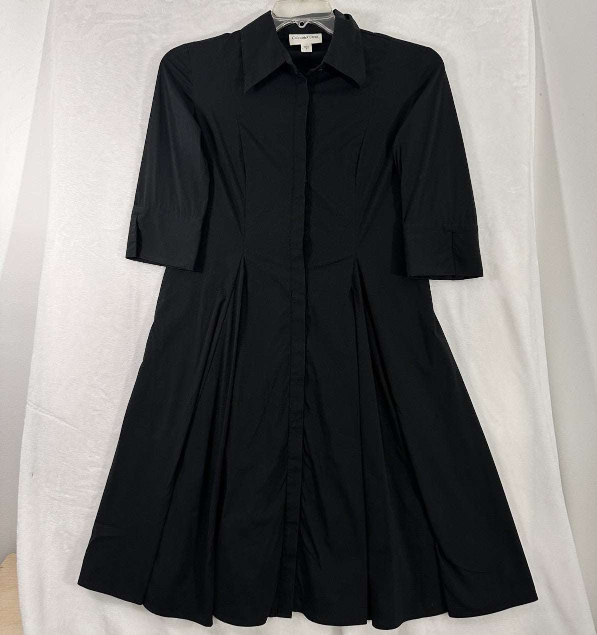 Coldwater Creek Shirt Dress Size 4 Black Elbow Sleeve Button Down Fit Flare