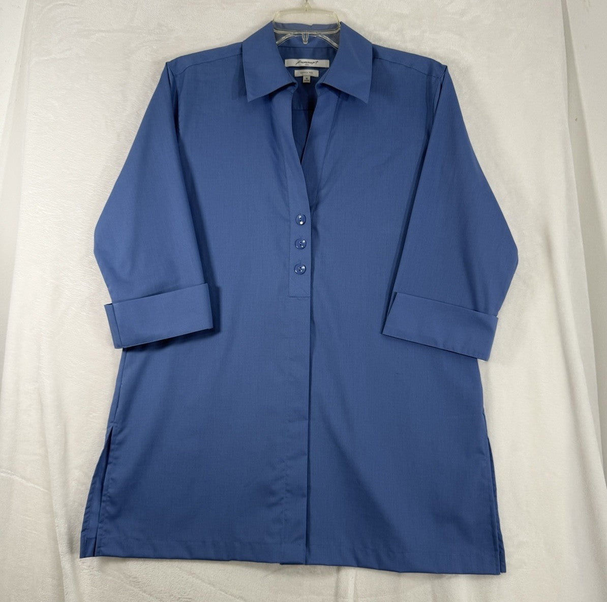 Foxcroft Button Shirt Womens 10 Blue Pamela Tunic Top Short Sleeve Shaped $128