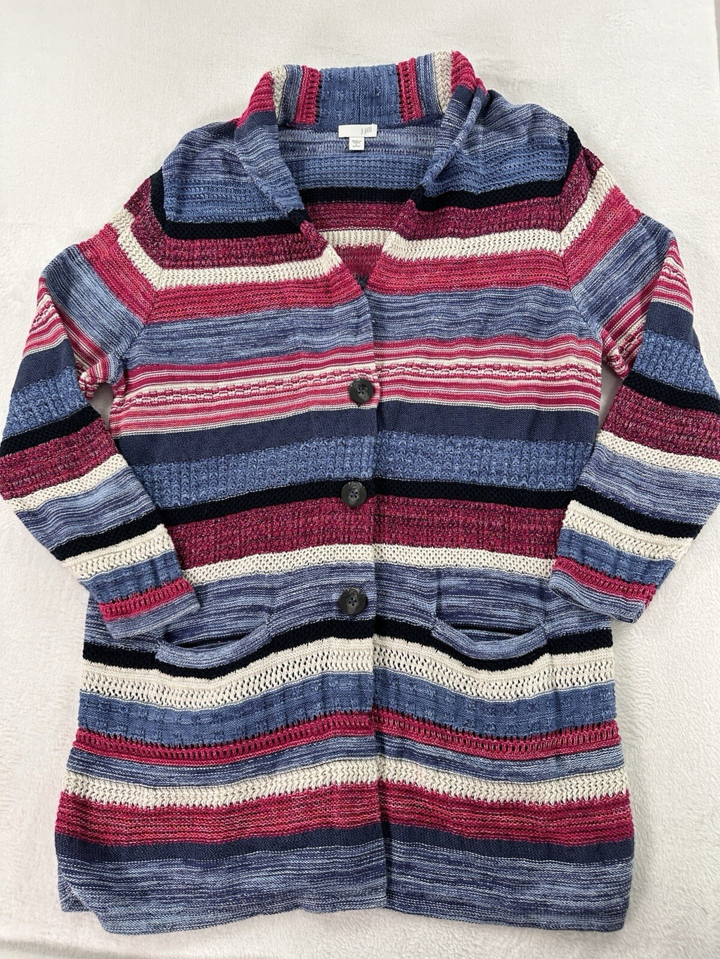 J Jill Large Petite Open Knit Cardigan Sweater Long Blue Linen Cotton Buttons