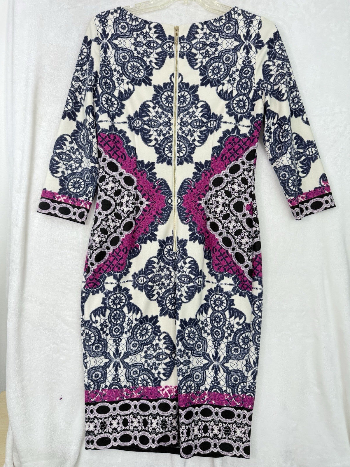 Eliza J Dress 6 Floral Sheath Blue Pink Stretch 3/4 Sleeve Pencil Stretch