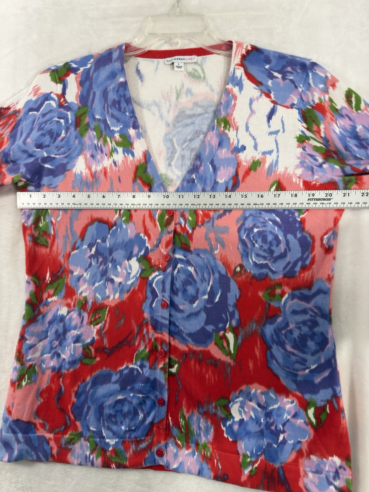 Isaac Mizrahi Cardigan Sweater Large Peony Floral Print Blue Red Top 3/4 Sleeve