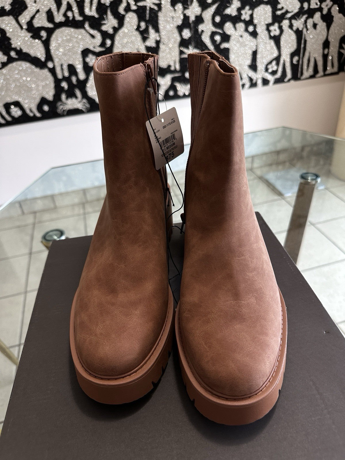 ANA Block Heel Booties 12 Womens Marie Cognac Brown Faux Suede Thick Sole Boots