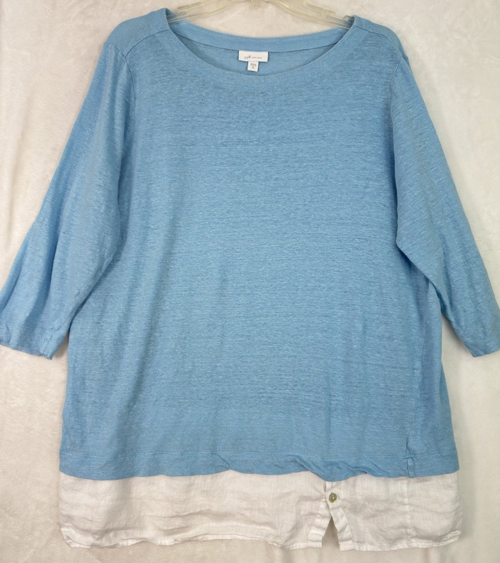 J Jill Love Linen Top XL Tall Blue Tunic Layered Hem 3/4 Sleeve Womens XLT