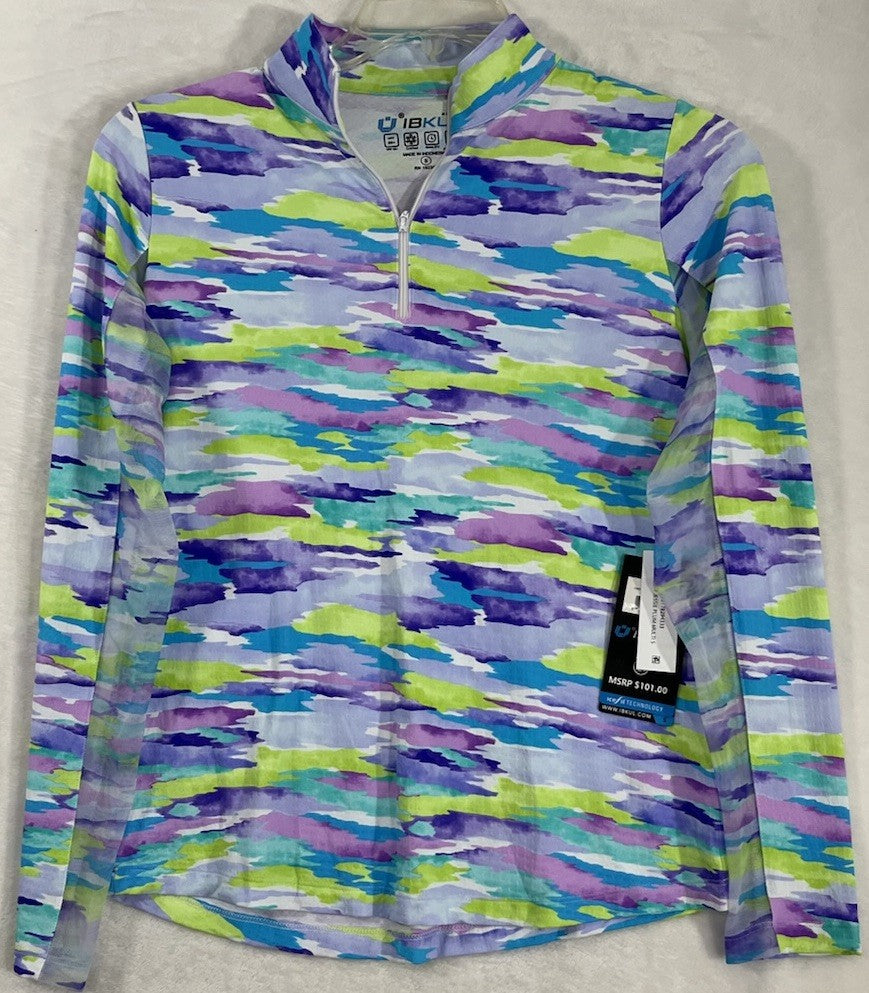IBKUL Womens Long Sleeve Top Small 1/4 Zip Mock Neck Jessie Purple Print Golf
