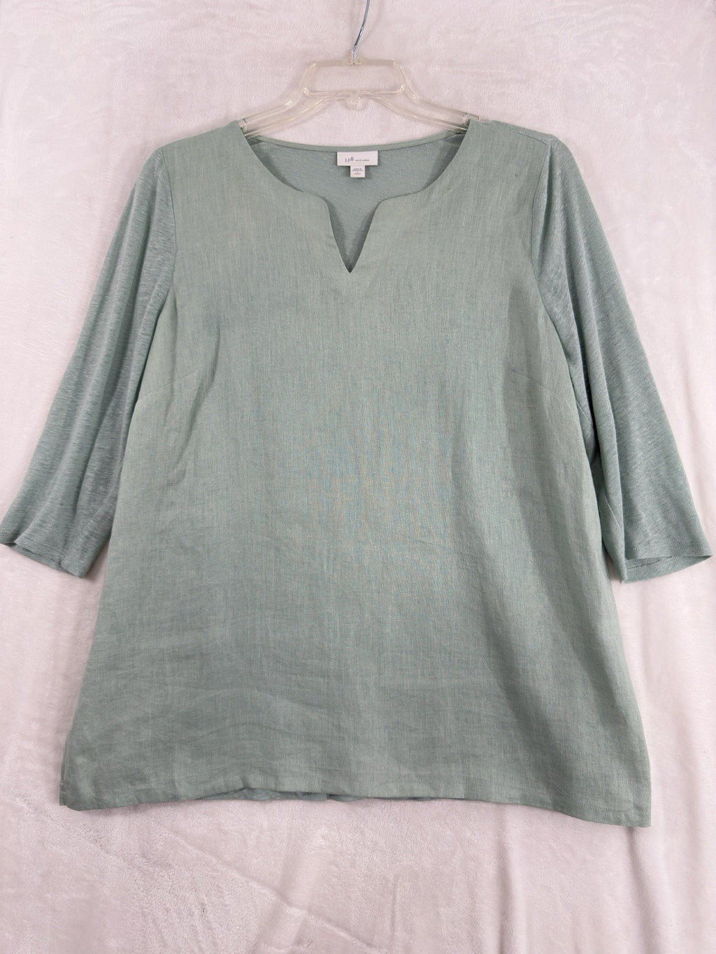 J Jill Love Linen Large Petite Top Tunic Blouse Light Green Knit Sleeves Womens