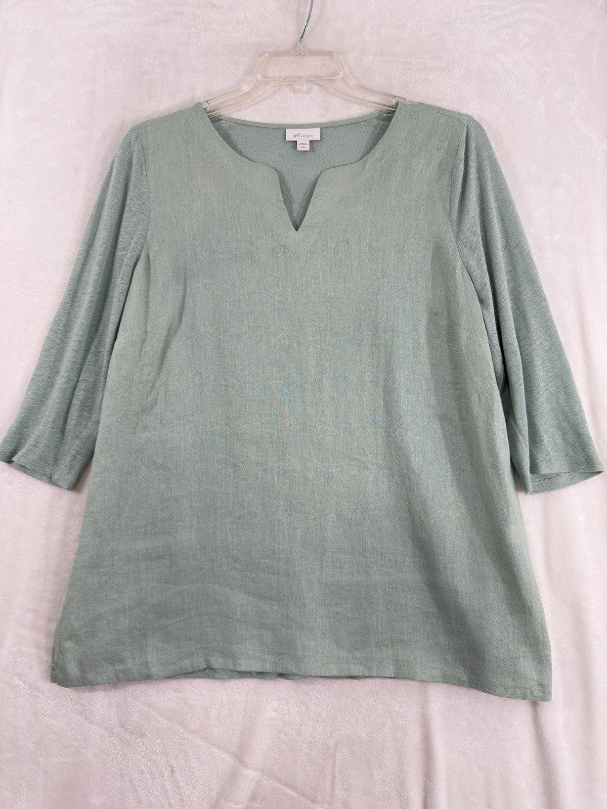 J Jill Love Linen Large Petite Top Tunic Blouse Light Green Knit Sleeves Womens
