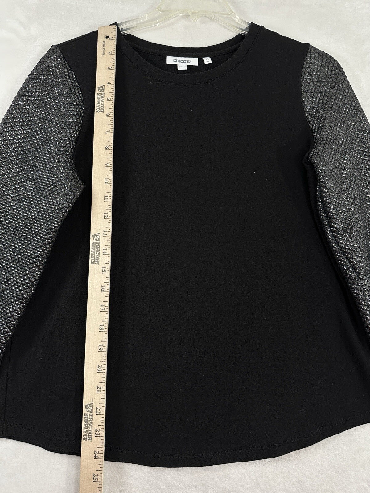 Chicos Size 1 Tops Medium Foil Sleeve Sweatshirt Black Top Womens Crewneck