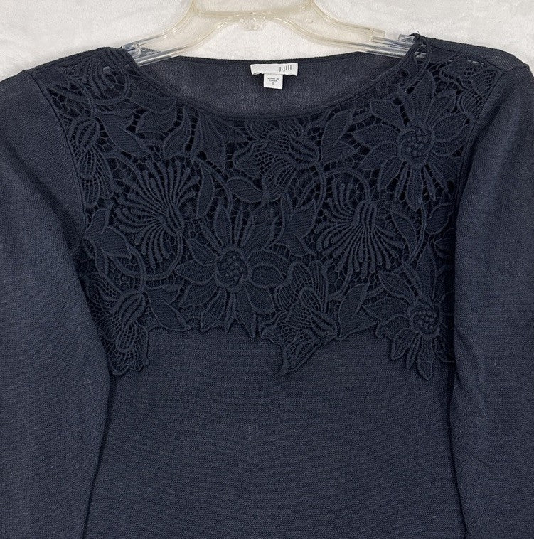 J Jill Sweater Small Blue Sweater Lightweight 3/4 Sleeve Floral Cotton Womens