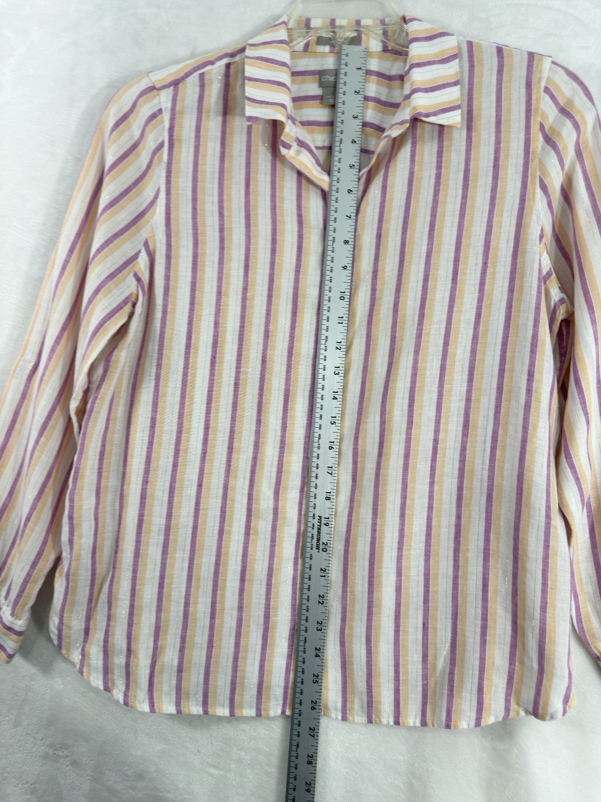 Chicos Size 1 Medium Linen Button Up Pink Striped Metallic Roll Tab Sleeve Women