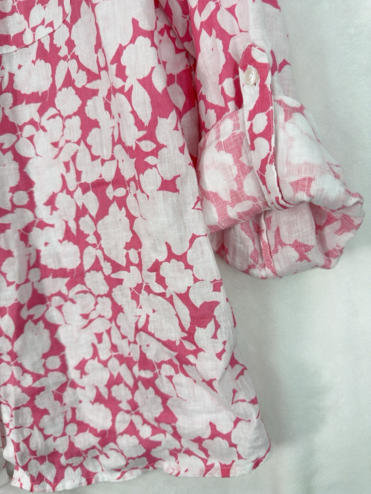 Charter Club Top Large 100% Linen Pink Floral Roll Tab Sleeve Womens Button Up