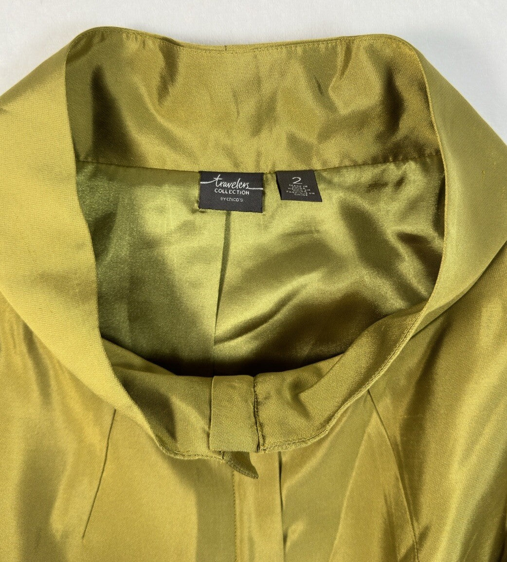 Chicos Travelers Size 2 Jacket Green Silk Structured Funnel Neck Full Zip Medium