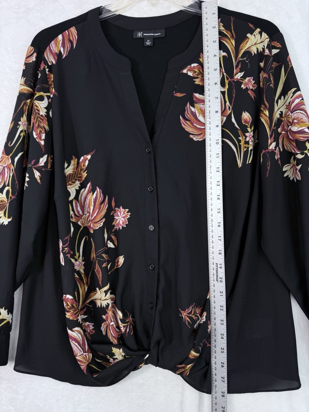 INC International Concepts 2X Tops Long Sleeve Blouse Women's Floral Black Twist