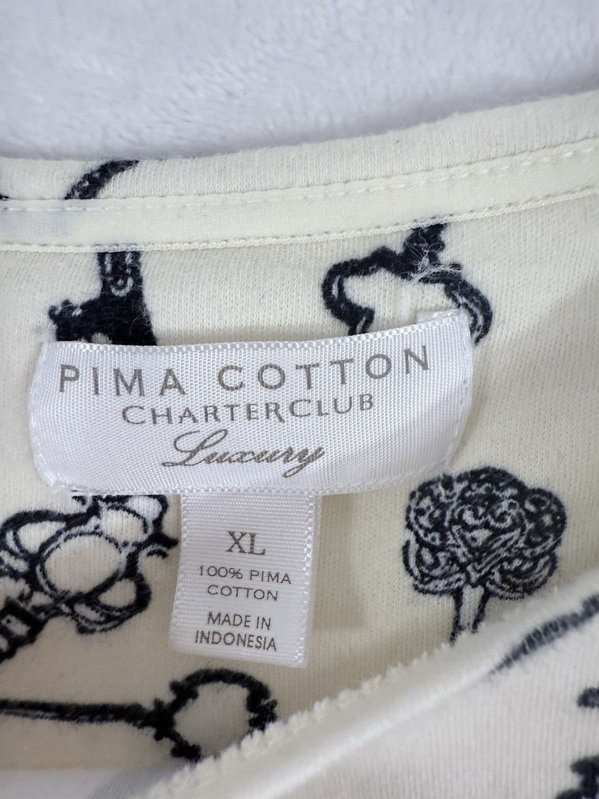 Charter Club Luxury XL Pima Cotton Top Black White Key Print Womens Knit Tops