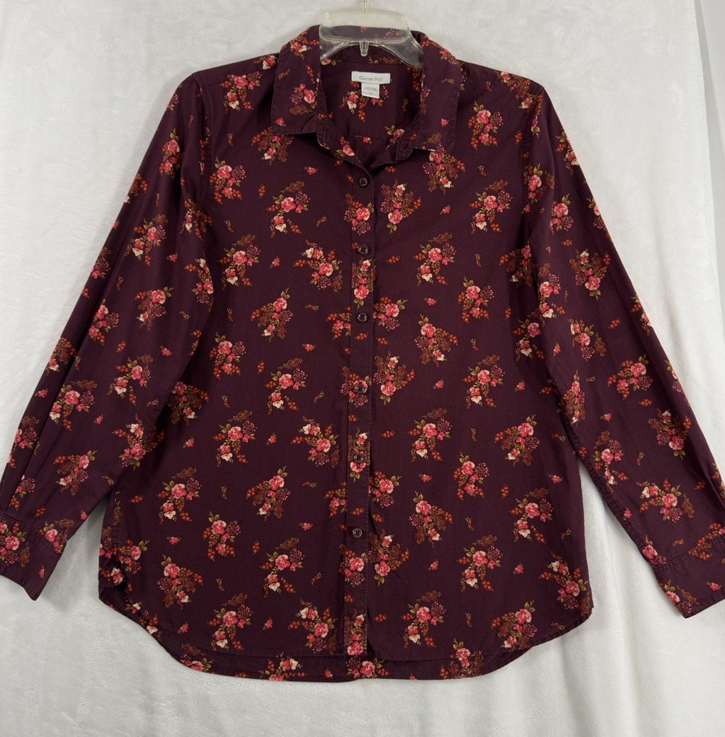 Garnet Hill Tops 10 Button Up Shirt Pom Cotton Burgundy Floral Long Sleeve Women
