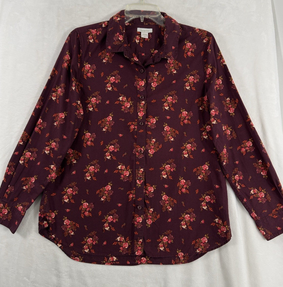 Garnet Hill Tops 10 Button Up Shirt Pom Cotton Burgundy Floral Long Sleeve Women