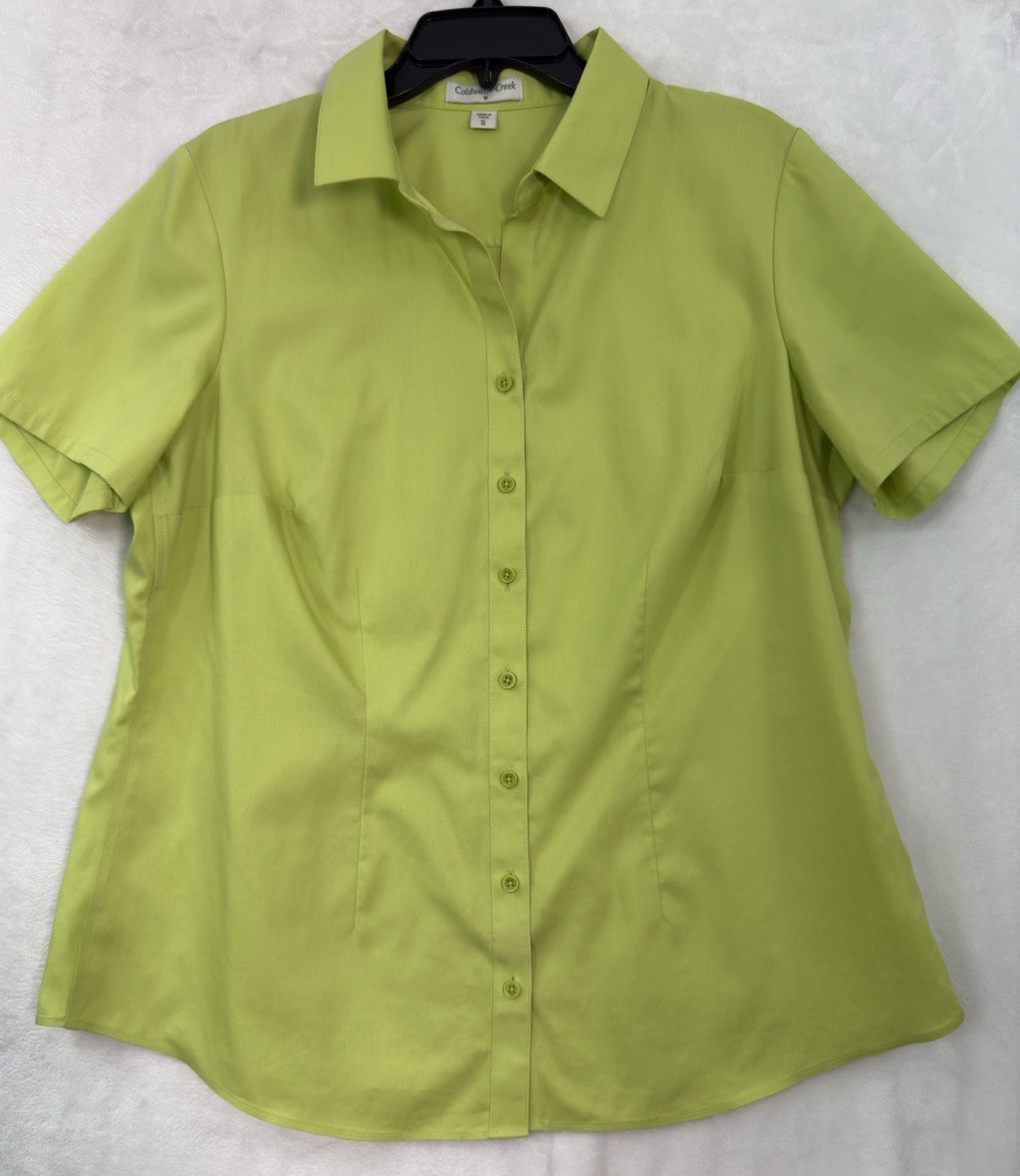 Coldwater Creek Top XL 16 Short Sleeve Button Up Green Womens Cotton