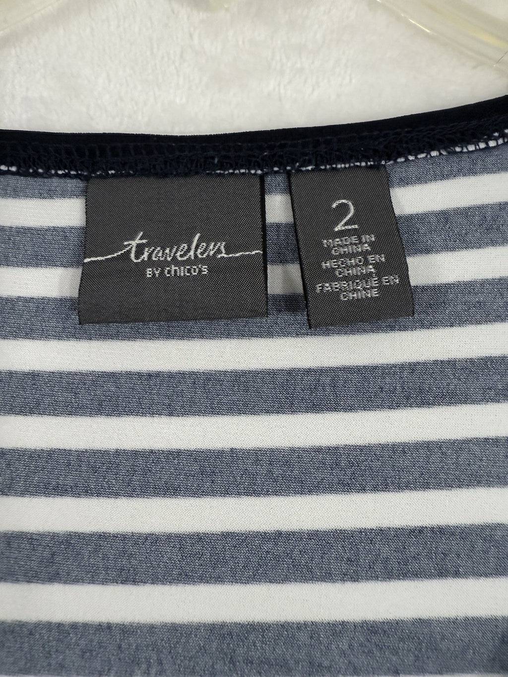 Chicos Travelers Tops Size 2 Large Navy Blue Striped Asymmetrical  3/4 Sleeve