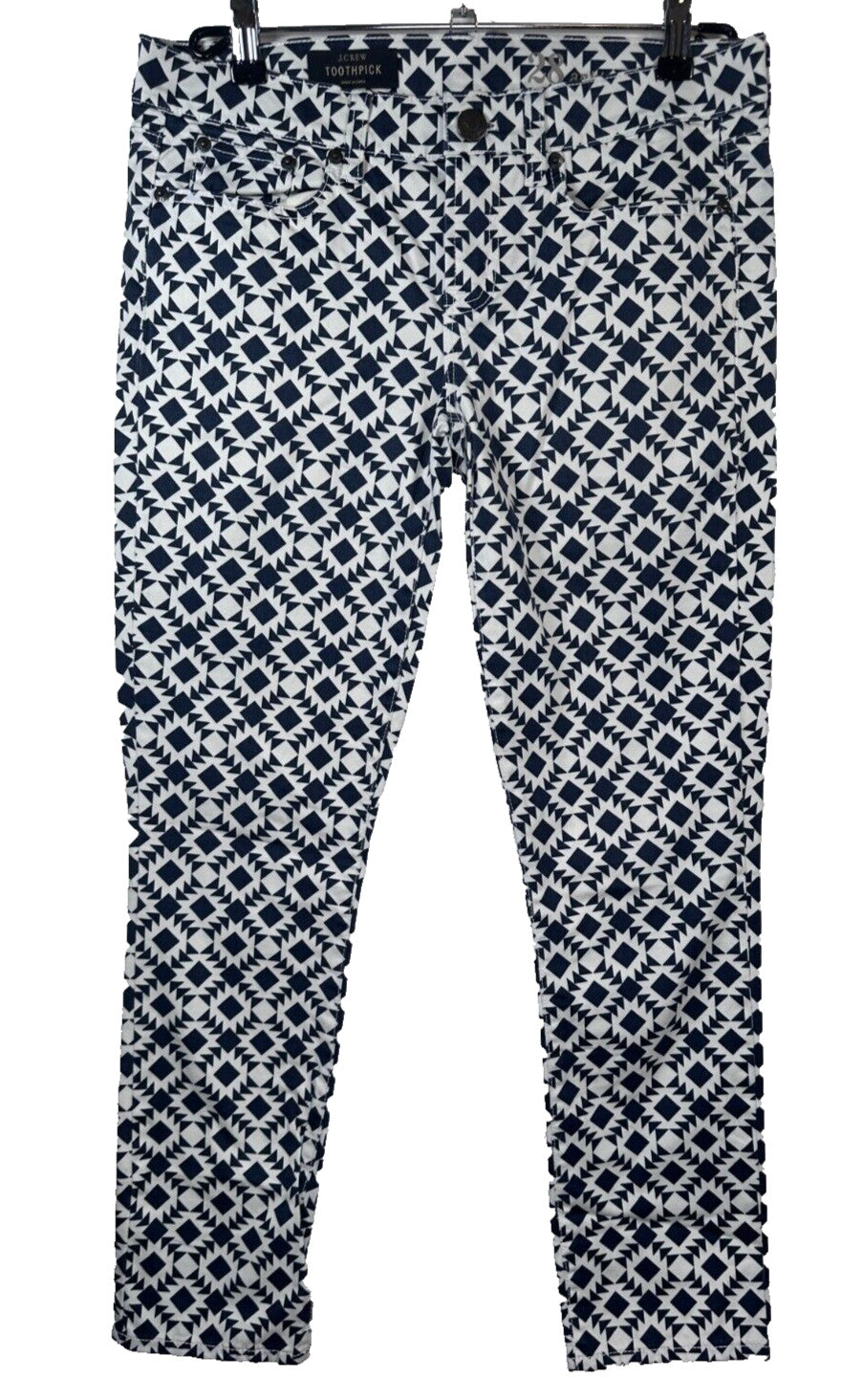 J Crew Toothpick Ankle Jeans Size 28 Geometric Print Navy Blue White Womens
