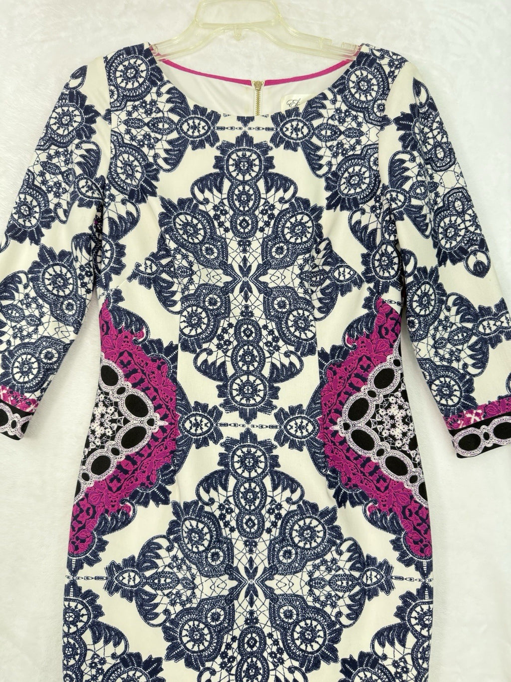 Eliza J Dress 6 Floral Sheath Blue Pink Stretch 3/4 Sleeve Pencil Stretch