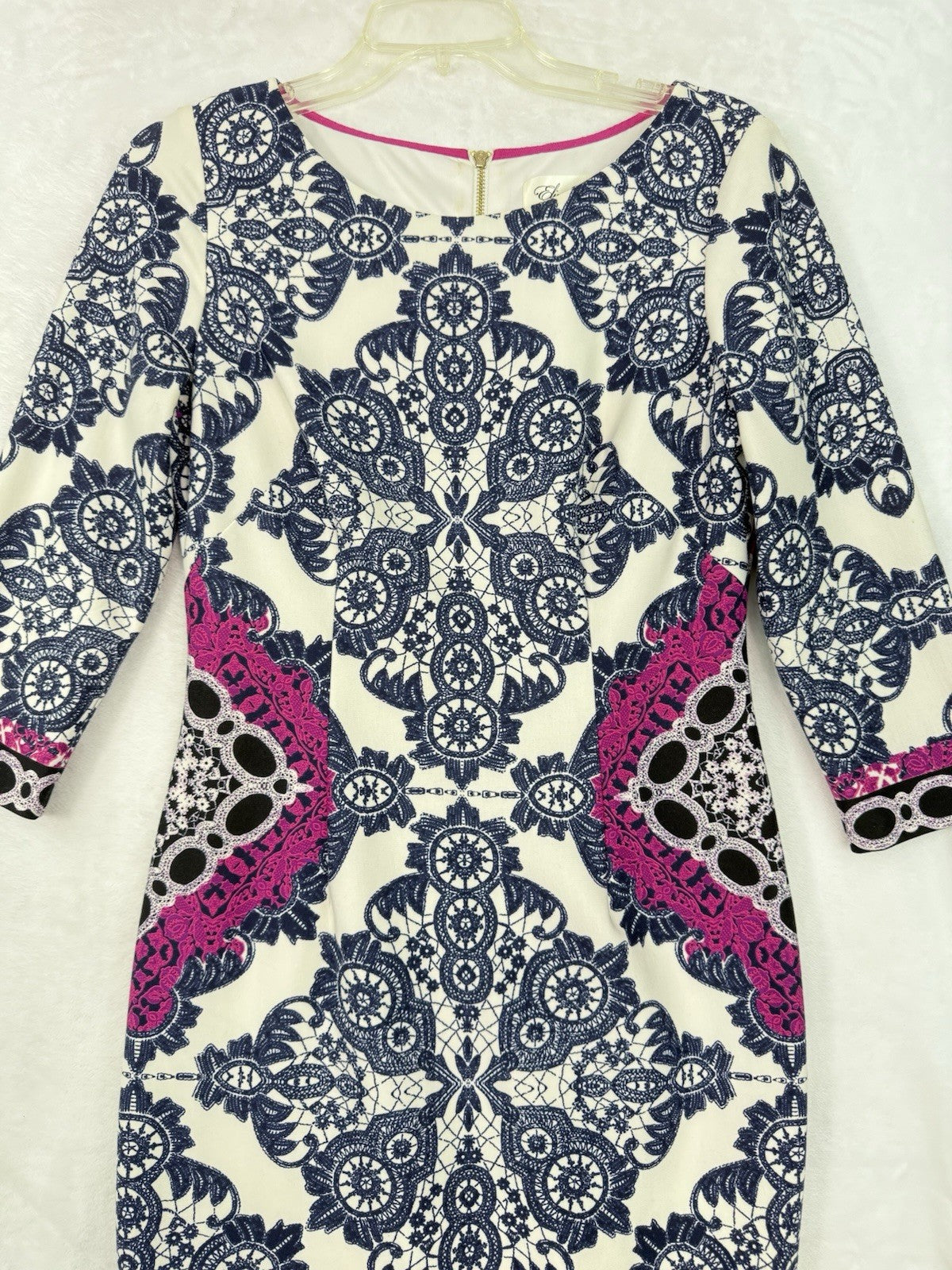 Eliza J Dress 6 Floral Sheath Blue Pink Stretch 3/4 Sleeve Pencil Stretch