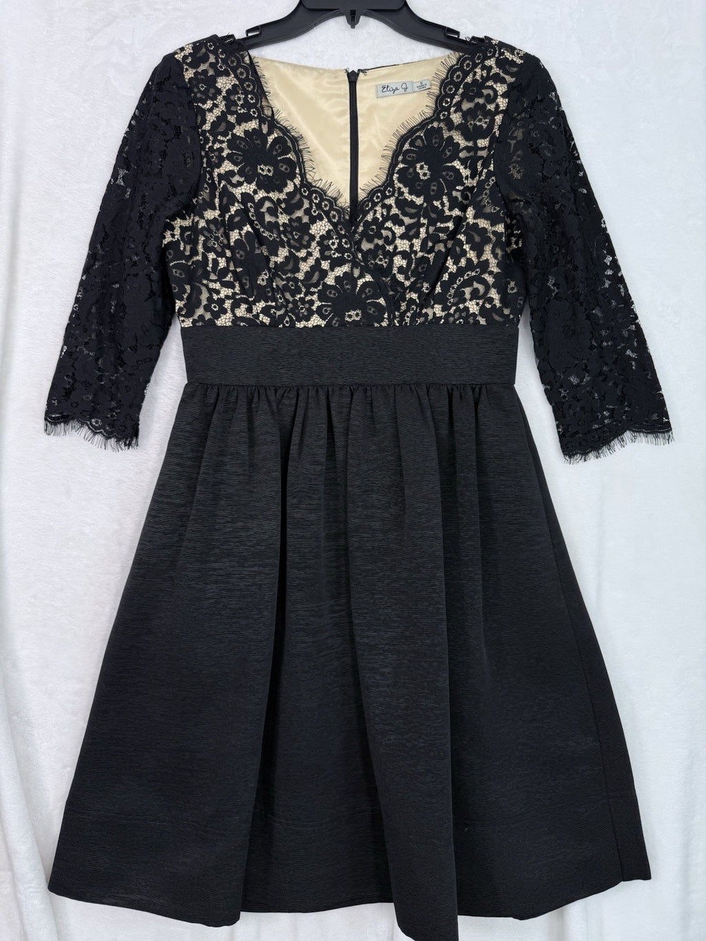 Eliza J Dress 6 Black Fit Flare Cocktail Above Knee Short Lace 3:4 Sleeve Womens