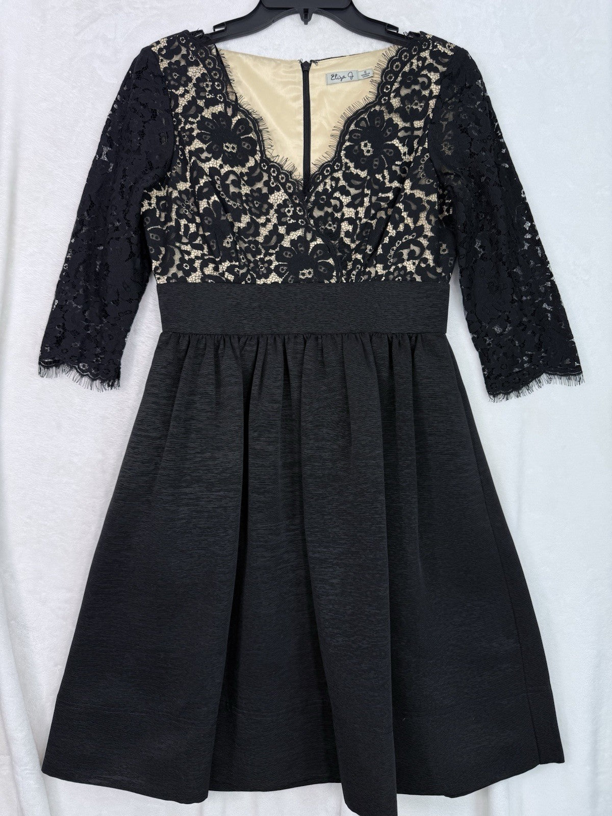 Eliza J Dress 6 Black Fit Flare Cocktail Above Knee Short Lace 3:4 Sleeve Womens