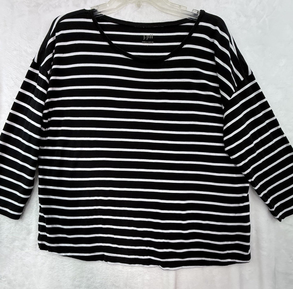 J Jill 3/4 Sleeve Striped Tee Large Black White Top Womens