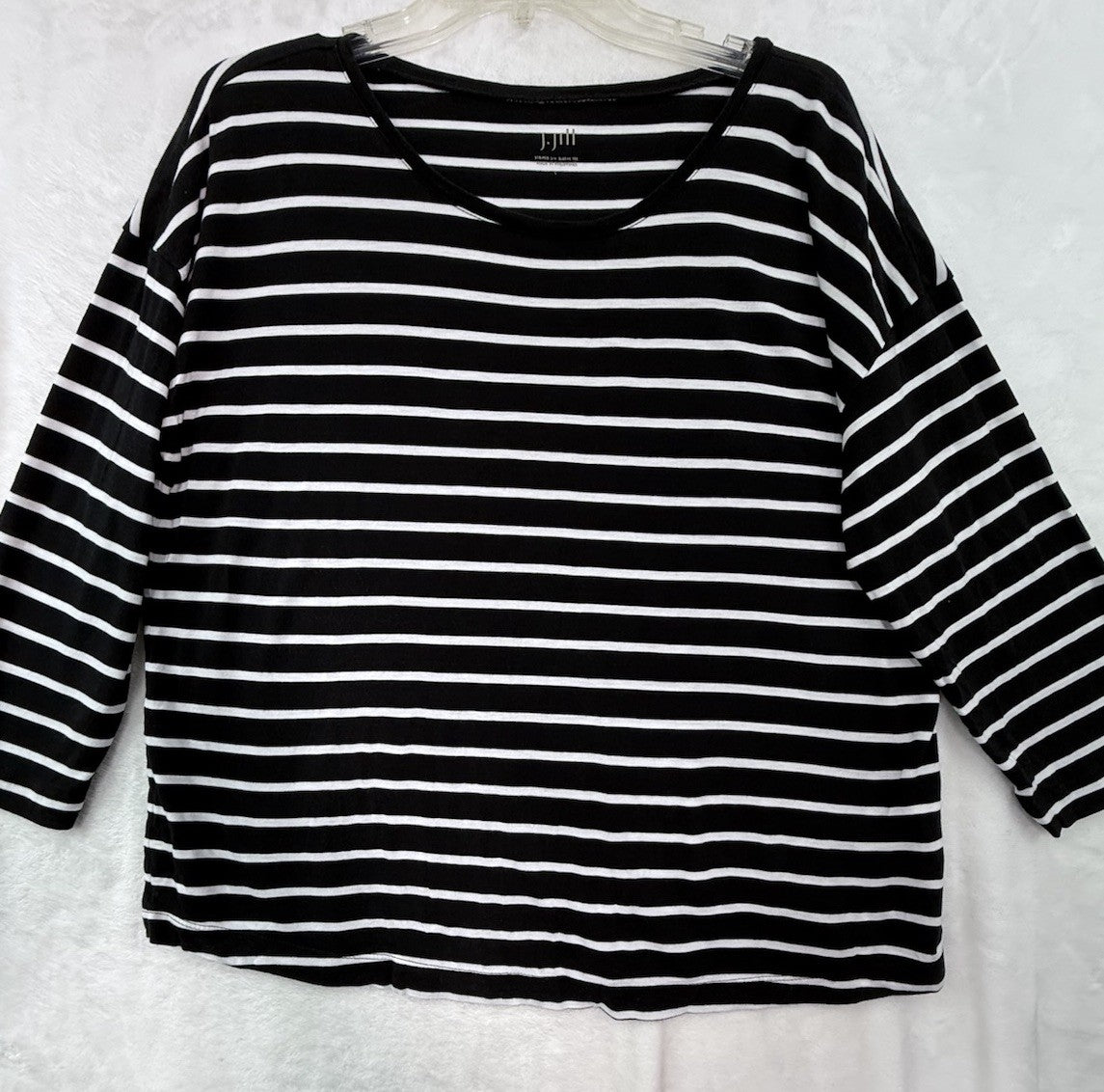 J Jill 3/4 Sleeve Striped Tee Large Black White Top Womens