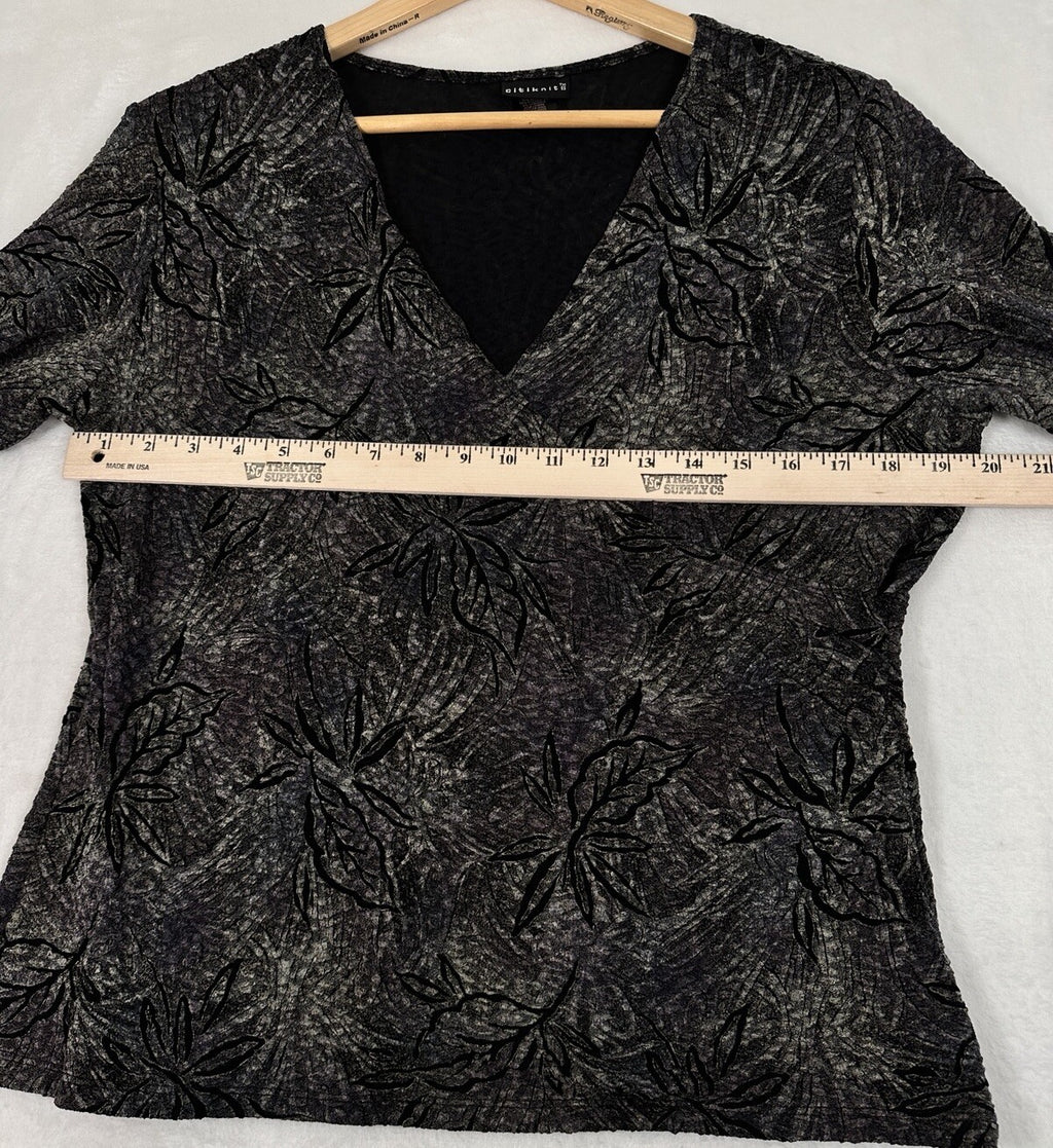Citiknits Medium Faux Wrap Top Black Floral Print Womens Long Sleeve Blouse