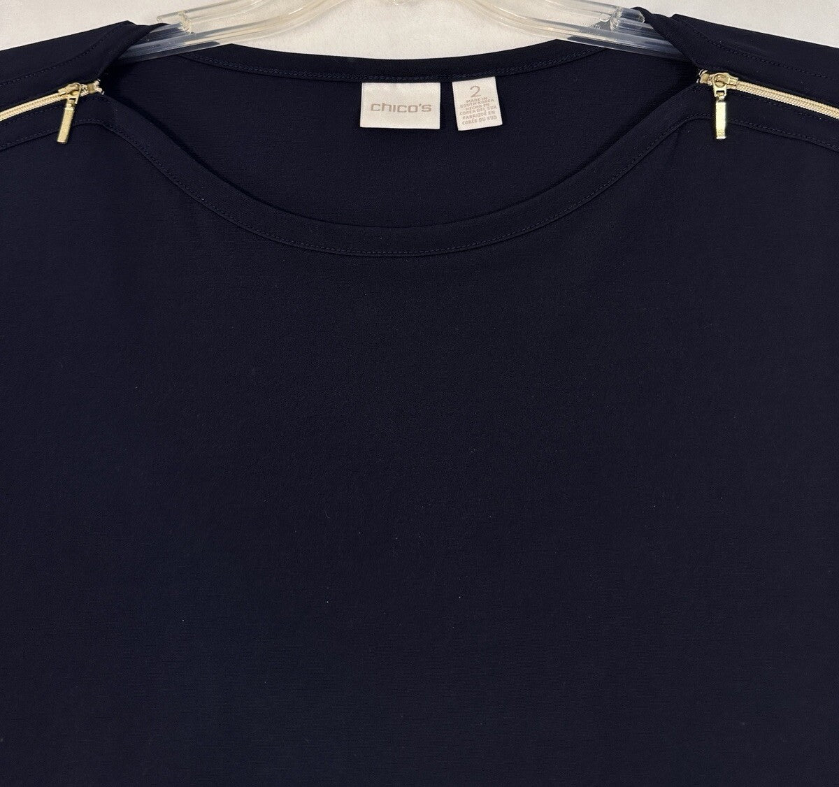Chicos Size 2 Top Casual Navy Blue Pullover Large Short Sleeve Blouse Womens