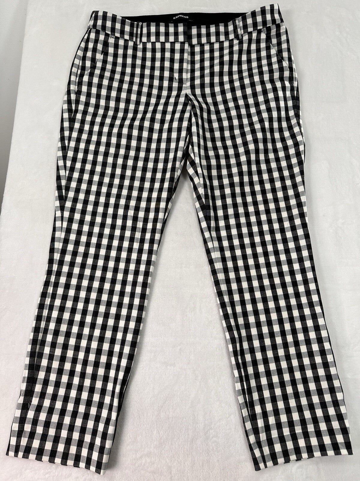 Express Columnist Ankle Pants 10 10R Black White Check Stretch Low Rise Womens