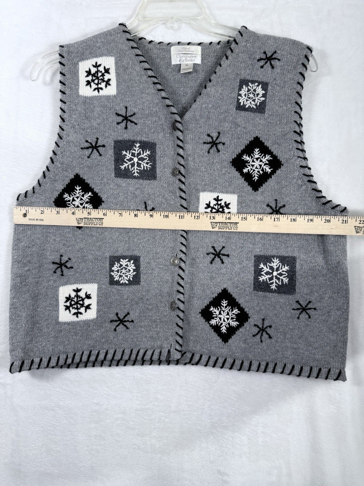 Christopher And Banks Christmas Sweater XL Cardigan Gray Snowflakes *FlawRead