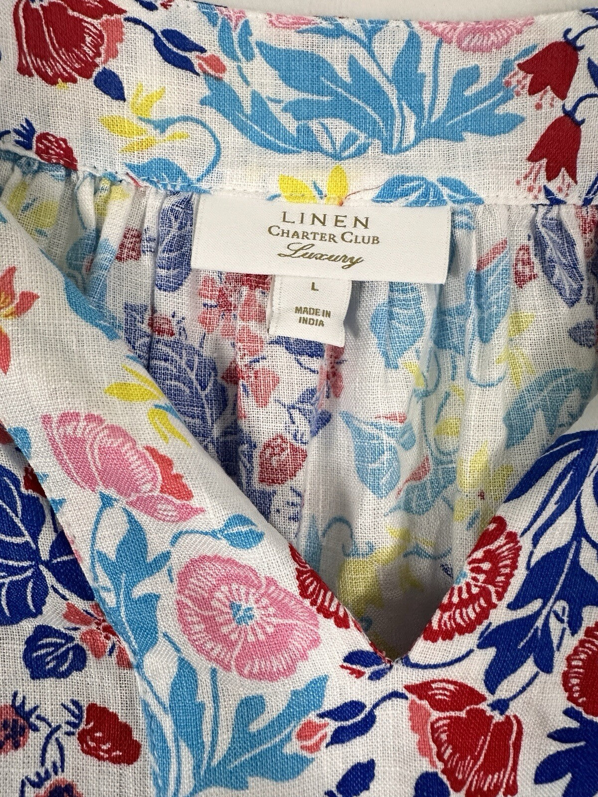 Charter Club Luxury 100% Linen Top Large Floral Print Blouse Short Sleeve