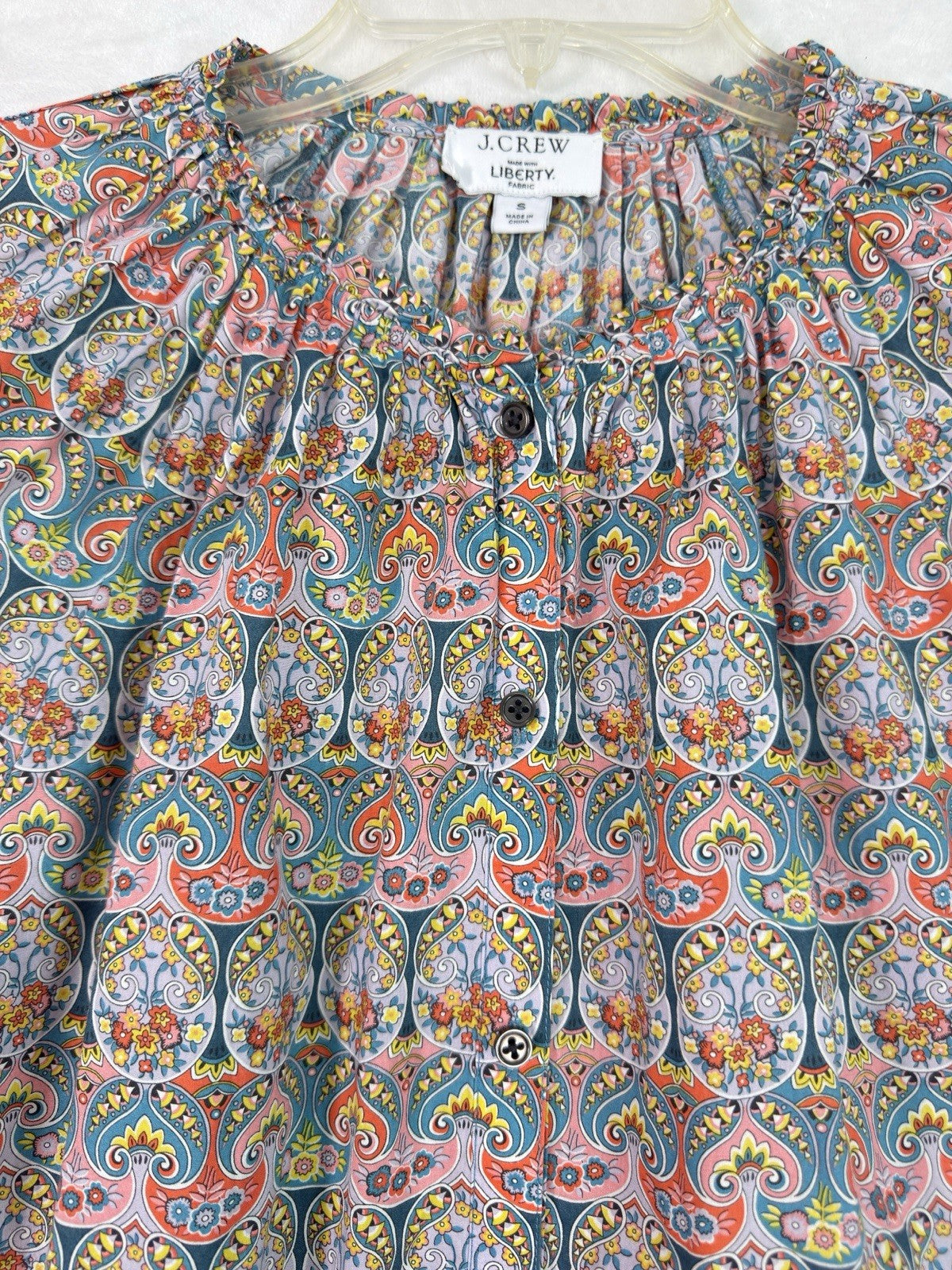 J Crew Liberty Of London Shirt Small Blouse Smocked Cotton Blue Pink Paisley