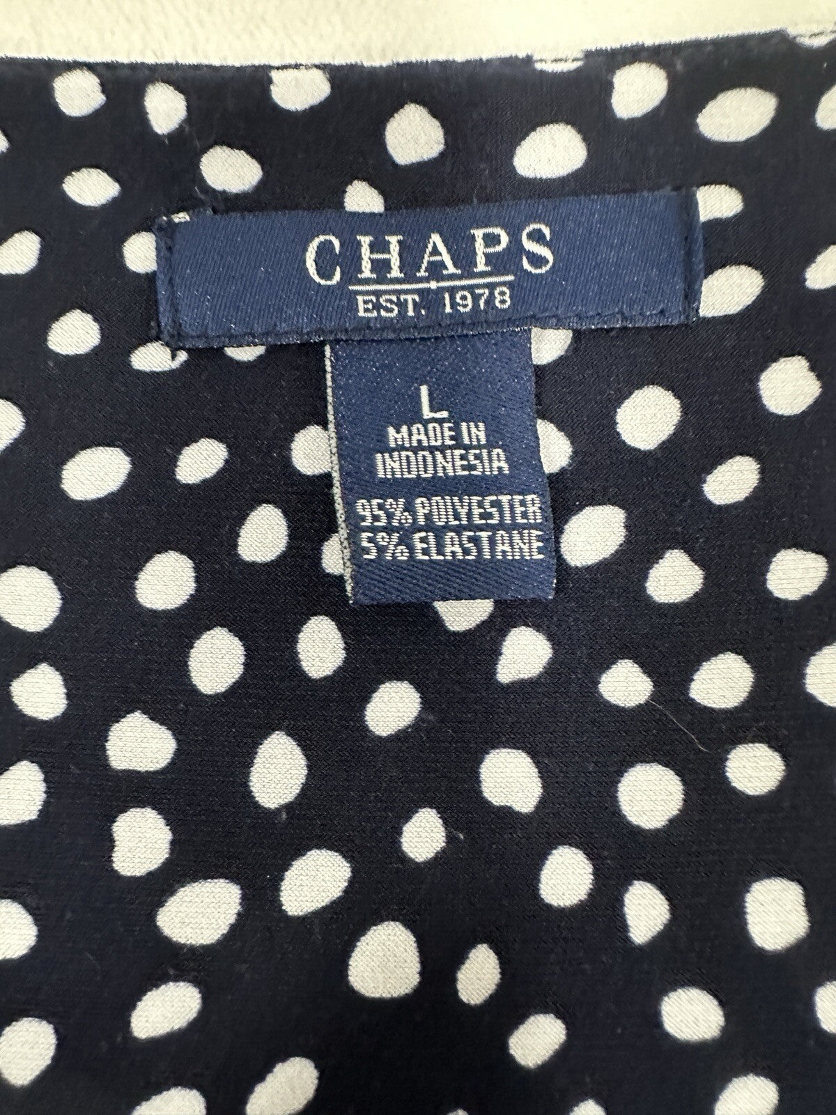 Chaps Ralph Lauren Large Dress Faux Wrap Navy Blue Polka Dot Sleeveless Womens