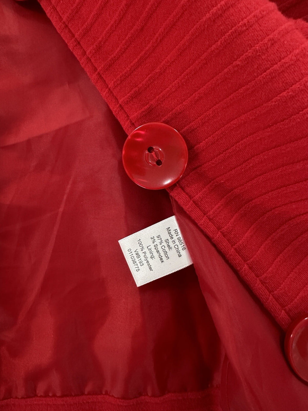 Coldwater Creek Jacket Large Red Cotton Stretch Big Buttons Mandarin Collar