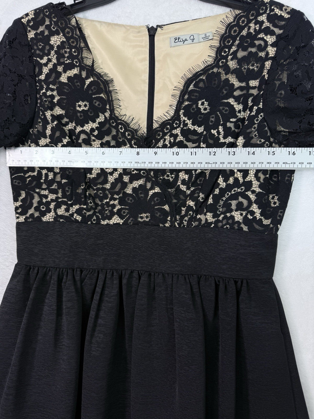 Eliza J Dress 6 Black Fit Flare Cocktail Above Knee Short Lace 3:4 Sleeve Womens