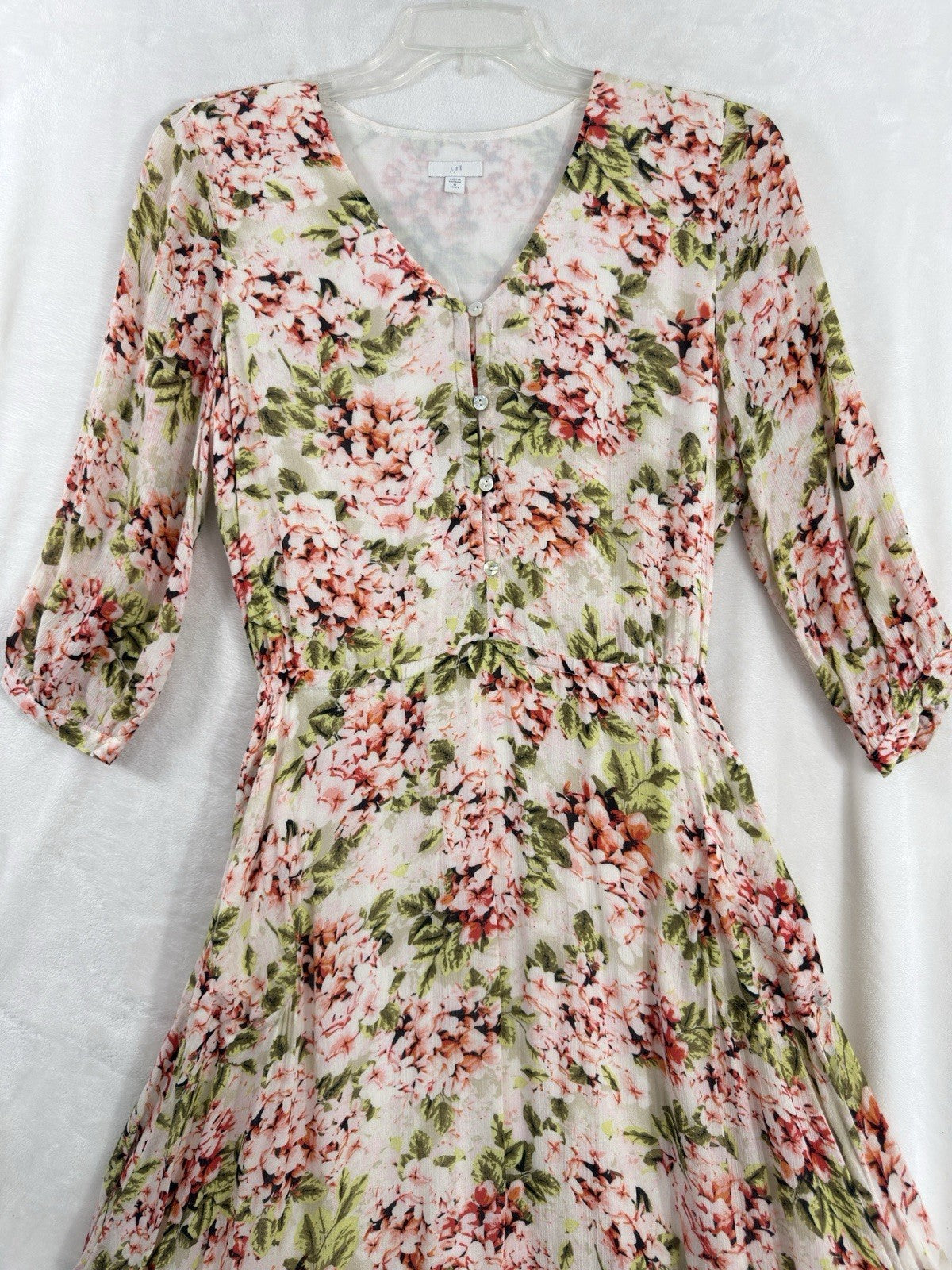 J Jill Midi Dress Medium Petite Pebble Hydrangea Boho Floral Pink Lightweight