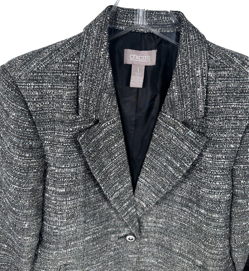 Chicos Blazer Size 1 Medium Gray Gold Silver Metallic Button Lined Tweed Jacket
