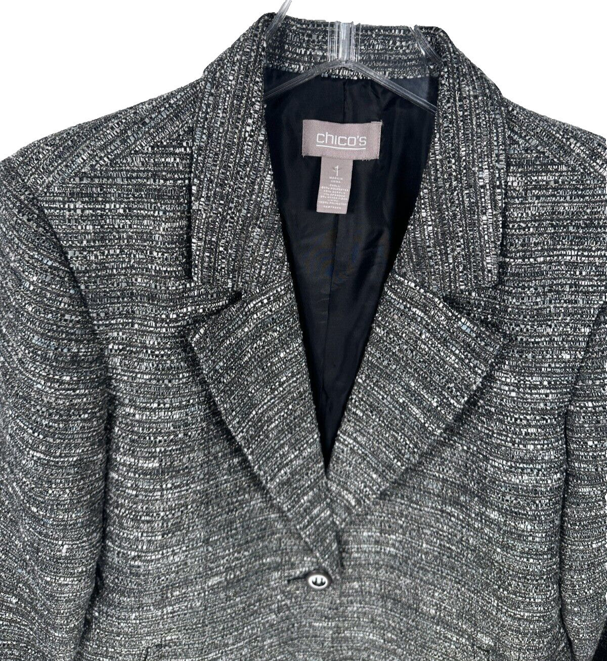 Chicos Blazer Size 1 Medium Gray Gold Silver Metallic Button Lined Tweed Jacket