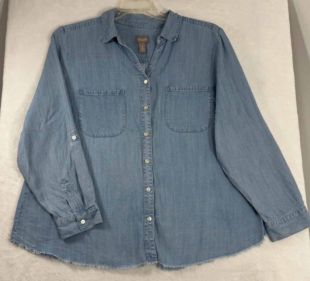 Chicos Size 2 Top Large Chambray Button Up Blue Denim Roll Tab Sleeves Womens